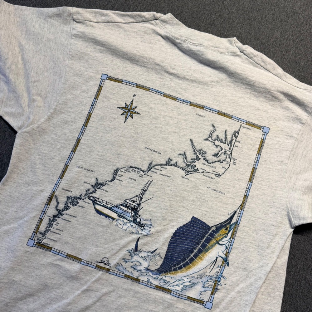 Vintage Fruit of the Loom Cape Hatteras Sportfishing T-Shirt Large Gray Marlin